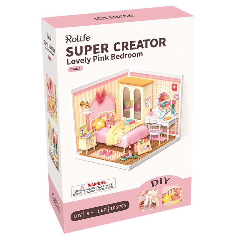 Rolife DW016 Pembe Yatak Odası (Lovely Pink Bedroom) DIY Minyatür Maket Model Seti Mini Dollhouse 3D Model Kit Detaylı Dekoratif Hobi Seti 3D Puzzle Tiny House