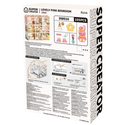 Rolife DW016 Pembe Yatak Odası (Lovely Pink Bedroom) DIY Minyatür Maket Model Seti Mini Dollhouse 3D Model Kit Detaylı Dekoratif Hobi Seti 3D Puzzle Tiny House - Thumbnail