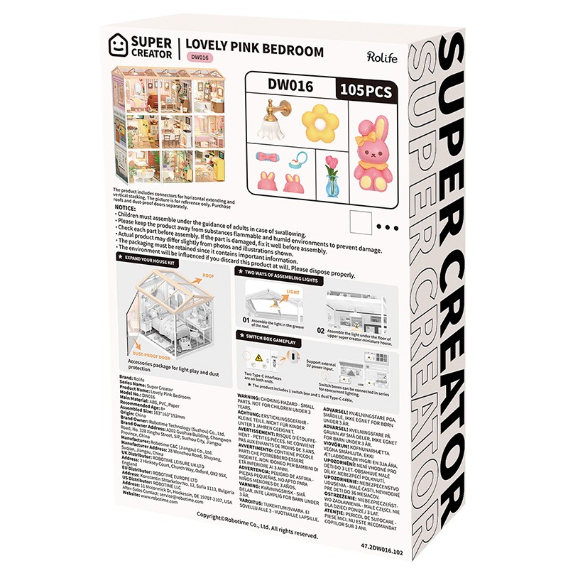 Rolife DW016 Pembe Yatak Odası (Lovely Pink Bedroom) DIY Minyatür Maket Model Seti Mini Dollhouse 3D Model Kit Detaylı Dekoratif Hobi Seti 3D Puzzle Tiny House