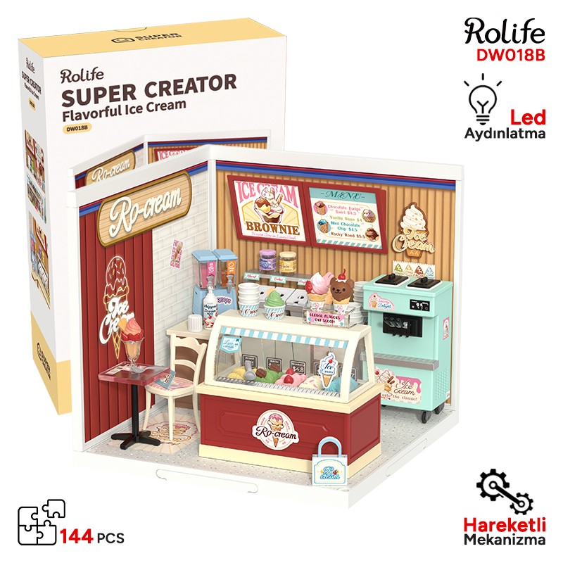 Rolife DW018B Dondurma Dükkanı (Flavorful Ice Cream) DIY Minyatür Maket Model Seti Mini Dollhouse 3D Model Kit Detaylı Dekoratif Hobi Seti 3D Puzzle Tiny House