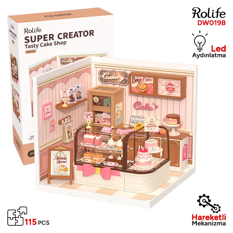 Rolife DW019B Lezzetli Pasta Dükkanı (Tasty Cake Shop) DIY Minyatür Maket Model Seti Mini Dollhouse 3D Model Kit Detaylı Dekoratif Hobi Seti 3D Puzzle Tiny House