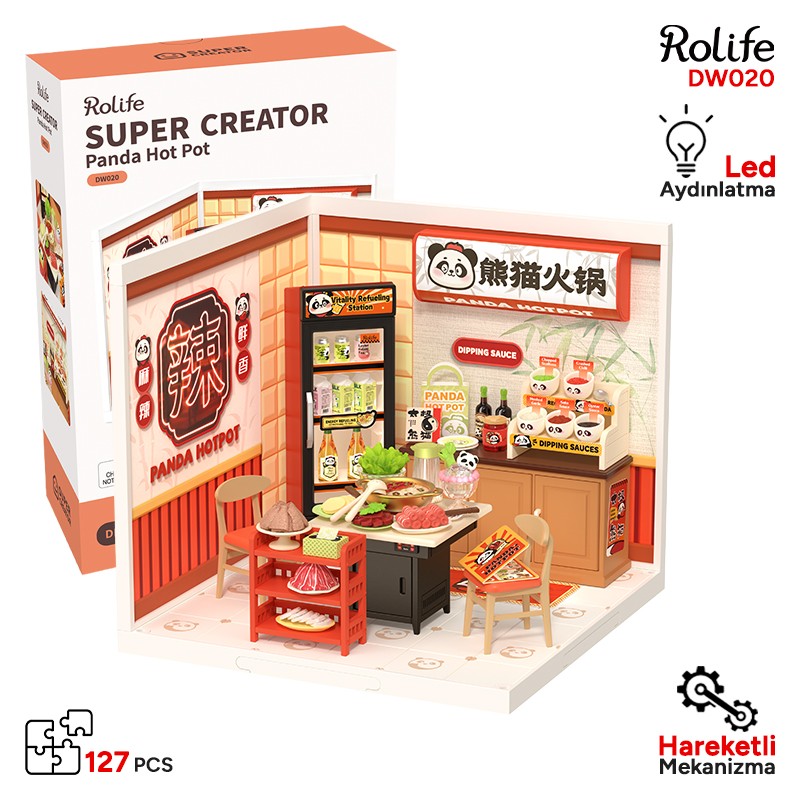 Rolife DW020 Panda Hot Pot DIY Minyatür Maket Model Seti Mini Dollhouse 3D Model Kit Detaylı Dekoratif Hobi Seti 3D Puzzle Tiny House