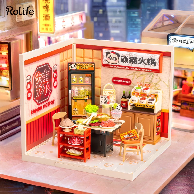 Rolife DW020 Panda Hot Pot DIY Minyatür Maket Model Seti Mini Dollhouse 3D Model Kit Detaylı Dekoratif Hobi Seti 3D Puzzle Tiny House