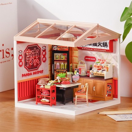 Rolife DW020 Panda Hot Pot DIY Minyatür Maket Model Seti Mini Dollhouse 3D Model Kit Detaylı Dekoratif Hobi Seti 3D Puzzle Tiny House - Thumbnail