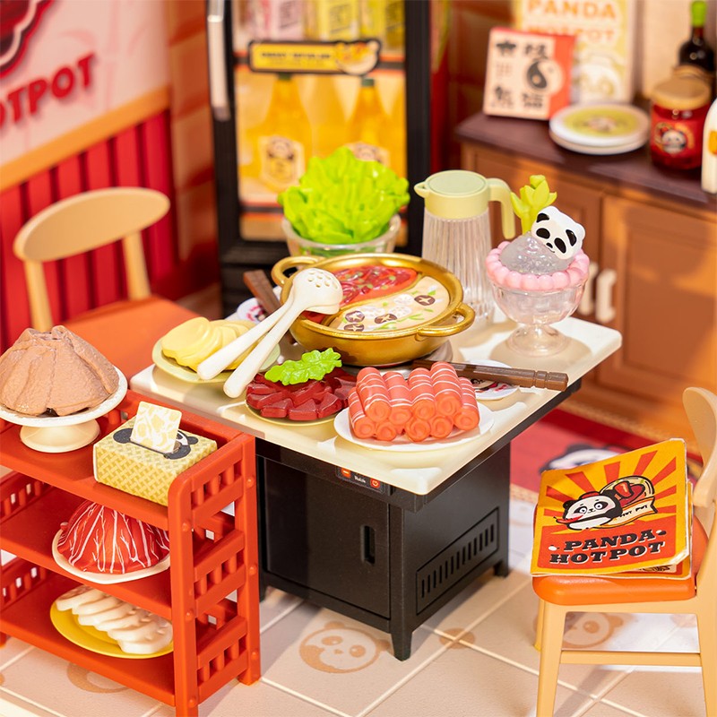 Rolife DW020 Panda Hot Pot DIY Minyatür Maket Model Seti Mini Dollhouse 3D Model Kit Detaylı Dekoratif Hobi Seti 3D Puzzle Tiny House