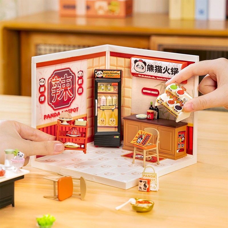 Rolife DW020 Panda Hot Pot DIY Minyatür Maket Model Seti Mini Dollhouse 3D Model Kit Detaylı Dekoratif Hobi Seti 3D Puzzle Tiny House