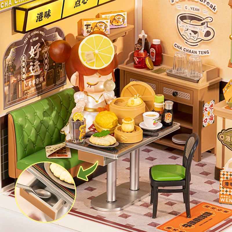 Rolife DW021 Kafe (Hong Kong Bites Cafe) DIY Minyatür Maket Model Seti Mini Dollhouse 3D Model Kit Detaylı Dekoratif Hobi Seti 3D Puzzle Tiny House