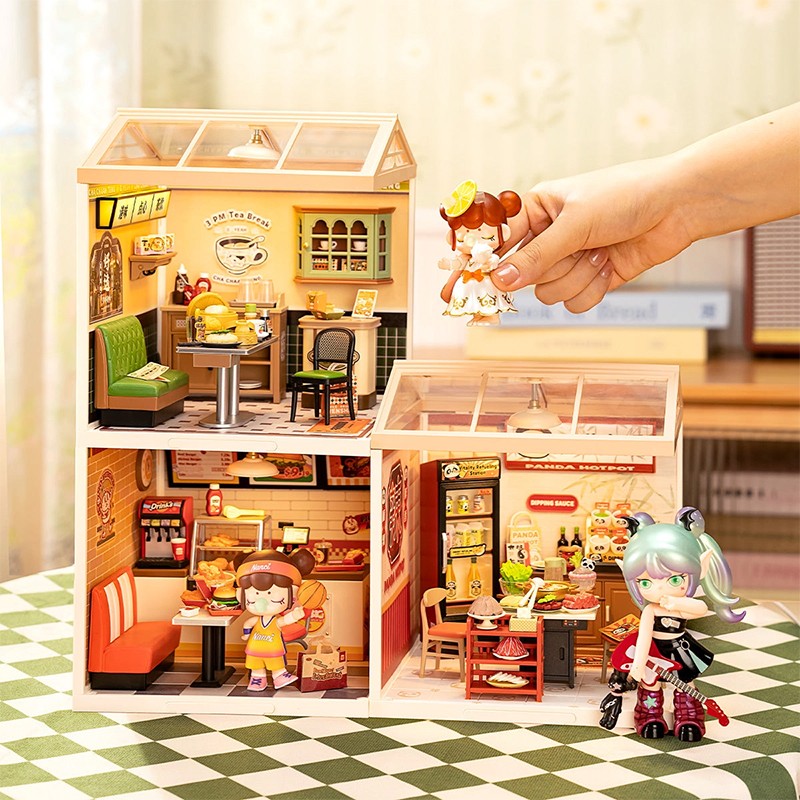 Rolife DW021 Kafe (Hong Kong Bites Cafe) DIY Minyatür Maket Model Seti Mini Dollhouse 3D Model Kit Detaylı Dekoratif Hobi Seti 3D Puzzle Tiny House