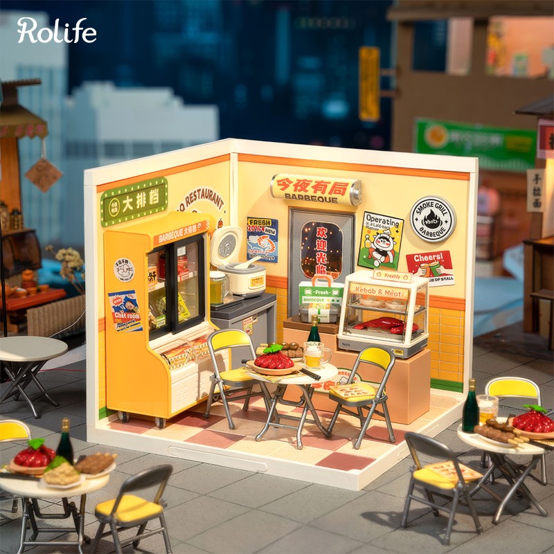 Rolife DW022 Barbekü Standı (Night Out Food Stall) DIY Minyatür Maket Model Seti Mini Dollhouse 3D Model Kit Detaylı Dekoratif Hobi Seti 3D Puzzle Tiny House