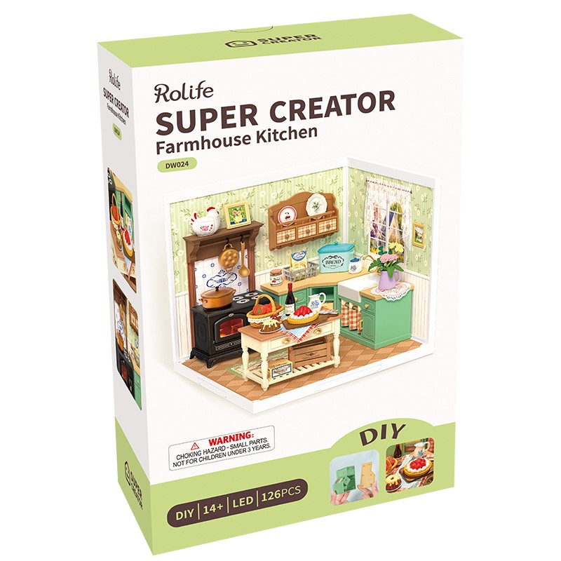 Rolife DW024 Çiftlik Evi Mutfağı (Farmhouse Kitchen) DIY Minyatür Maket Model Seti Mini Dollhouse 3D Model Kit Detaylı Dekoratif Hobi Seti 3D Puzzle Tiny House