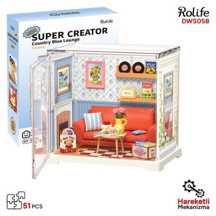Rolife - Rolife DWS05B Mavi Salon (Country Blue Lounge) DIY Minyatür Maket Model Seti Mini Dollhouse 3D Model Kit Detaylı Dekoratif Hobi Seti 3D Puzzle Tiny House