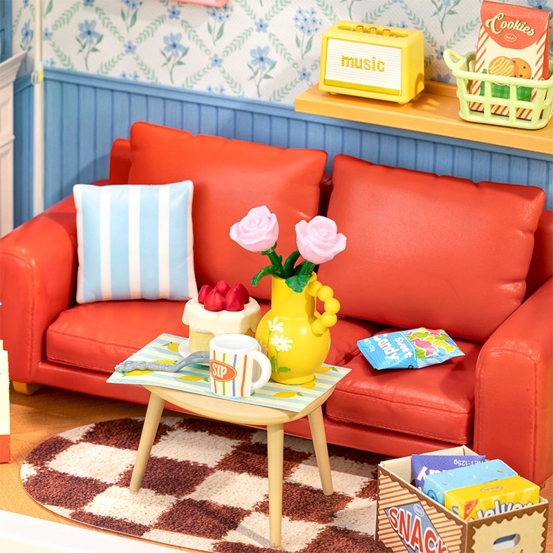 Rolife DWS05B Mavi Salon (Country Blue Lounge) DIY Minyatür Maket Model Seti Mini Dollhouse 3D Model Kit Detaylı Dekoratif Hobi Seti 3D Puzzle Tiny House