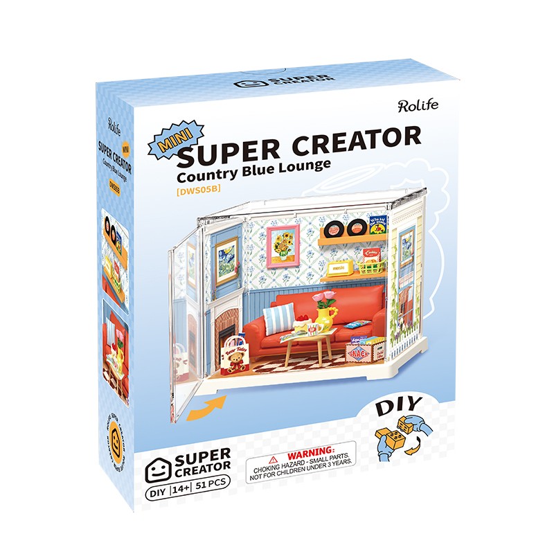 Rolife DWS05B Mavi Salon (Country Blue Lounge) DIY Minyatür Maket Model Seti Mini Dollhouse 3D Model Kit Detaylı Dekoratif Hobi Seti 3D Puzzle Tiny House