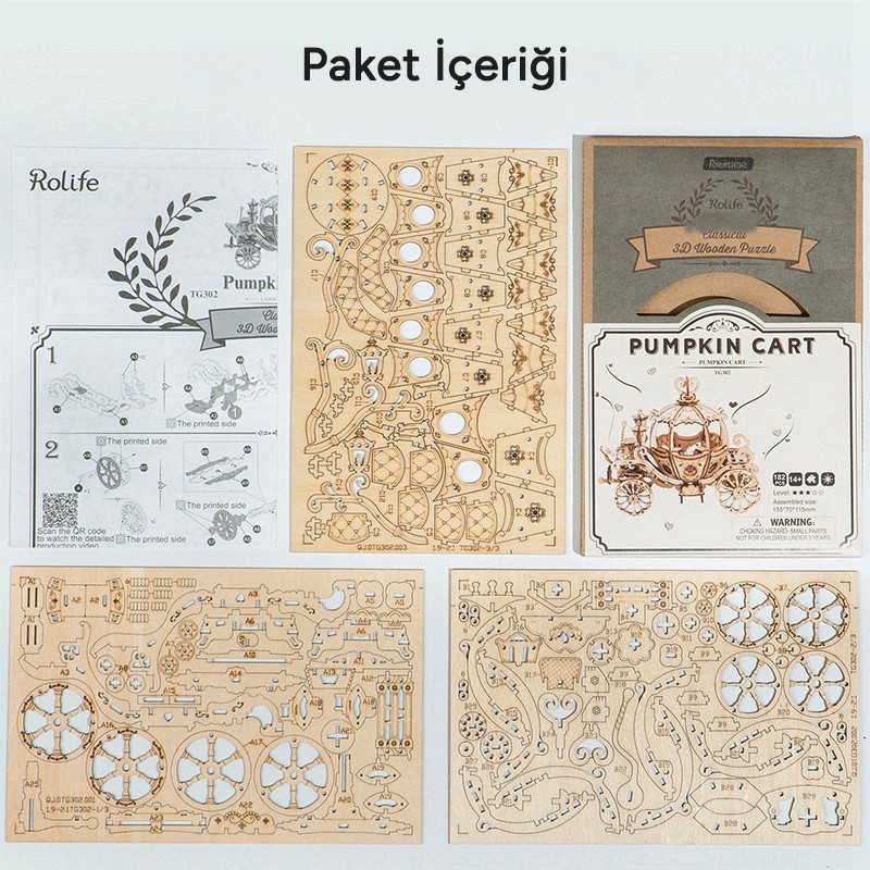 Rolife TG302 Araba (Pumpkin Cart) DIY Minyatür Maket Model Seti Ahşap 3D Wooden Puzzle 3D Model Kit Detaylı Dekoratif Hobi Seti Ahşap Maket