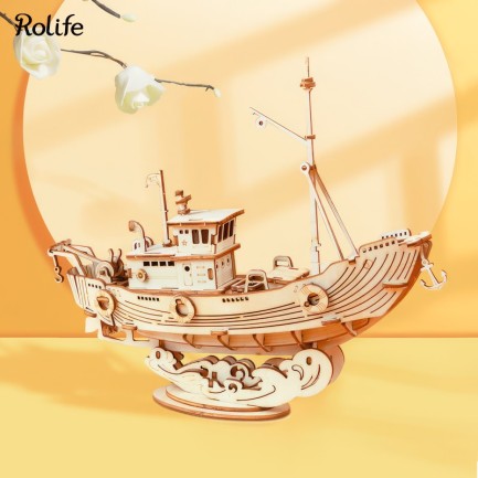 Rolife - Rolife TG308 Balıkçı Teknesi (Fishing Ship) DIY Minyatür Maket Model Seti Ahşap 3D Wooden Puzzle 3D Model Kit Detaylı Dekoratif Hobi Seti Ahşap Maket