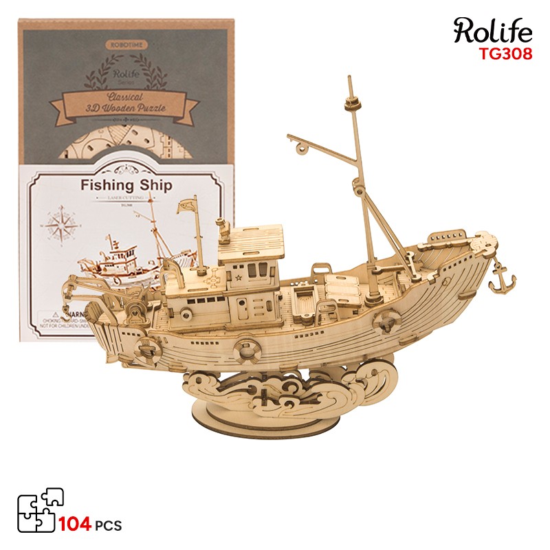 Rolife TG308 Balıkçı Teknesi Fishing Ship DIY Minyatür Maket Model Ahşap 3D Wooden Puzzle Model Kit Ahşap Maket Dekoratif Hobi Seti