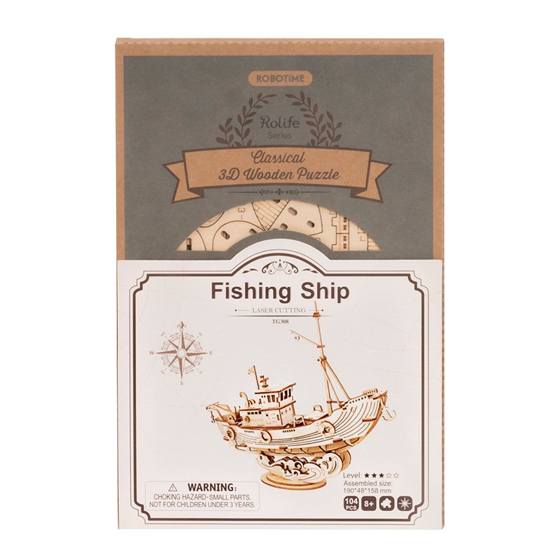 Rolife TG308 Balıkçı Teknesi Fishing Ship DIY Minyatür Maket Model Ahşap 3D Wooden Puzzle Model Kit Ahşap Maket Dekoratif Hobi Seti