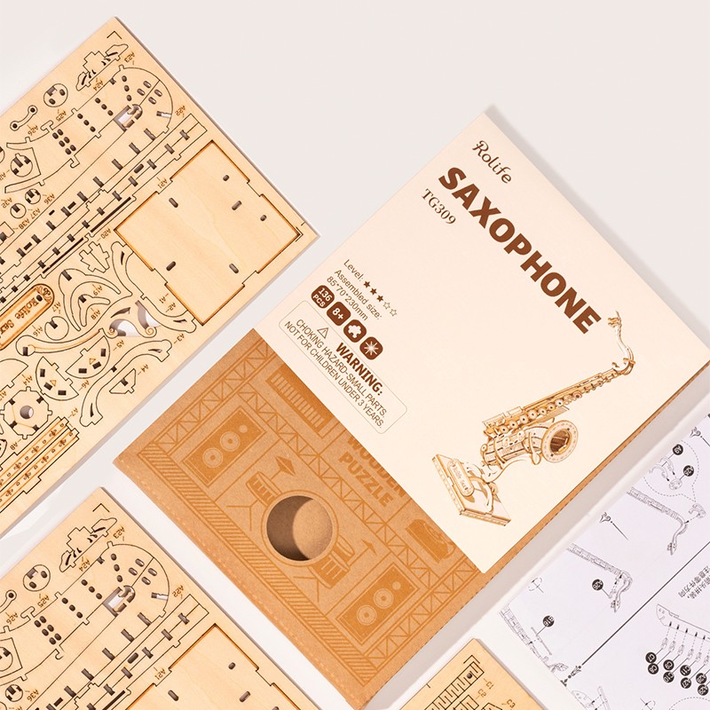 Rolife TG309 Saksafon Müzik Aleti (Saxophone) DIY Minyatür Maket Model Seti Ahşap 3D Wooden Puzzle 3D Model Kit Detaylı Dekoratif Hobi Seti Ahşap Maket