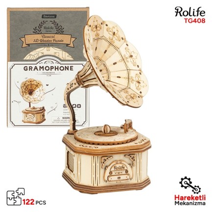 Rolife - Rolife TG408 Gramofon Müzik Aleti (Gramophone) DIY Minyatür Maket Model Seti Ahşap 3D Wooden Puzzle 3D Model Kit Detaylı Dekoratif Hobi Seti Ahşap Maket