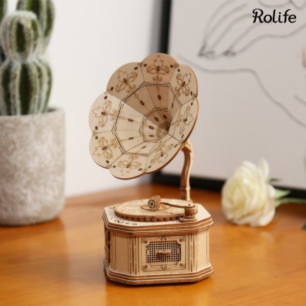 Rolife TG408 Gramofon Müzik Aleti (Gramophone) DIY Minyatür Maket Model Seti Ahşap 3D Wooden Puzzle 3D Model Kit Detaylı Dekoratif Hobi Seti Ahşap Maket - Thumbnail