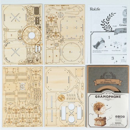 Rolife TG408 Gramofon Müzik Aleti (Gramophone) DIY Minyatür Maket Model Seti Ahşap 3D Wooden Puzzle 3D Model Kit Detaylı Dekoratif Hobi Seti Ahşap Maket - Thumbnail