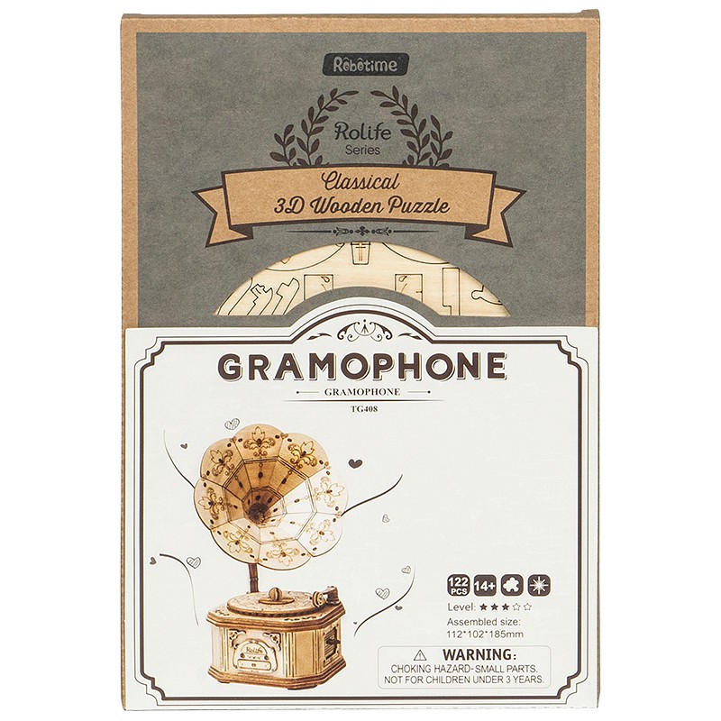 Rolife TG408 Gramofon Müzik Aleti (Gramophone) DIY Minyatür Maket Model Seti Ahşap 3D Wooden Puzzle 3D Model Kit Detaylı Dekoratif Hobi Seti Ahşap Maket