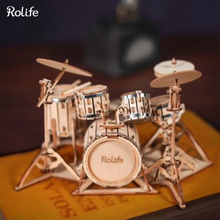 Rolife - Rolife TG409 Bateri Seti Müzik Aleti (Drum Kit) DIY Minyatür Maket Model Seti Ahşap 3D Wooden Puzzle 3D Model Kit Detaylı Dekoratif Hobi Seti Ahşap Maket
