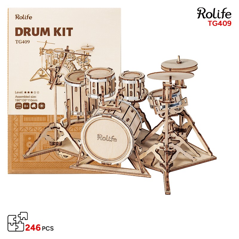 Rolife TG409 Bateri Seti Müzik Aleti (Drum Kit) DIY Minyatür Maket Model Seti Ahşap 3D Wooden Puzzle 3D Model Kit Detaylı Dekoratif Hobi Seti Ahşap Maket