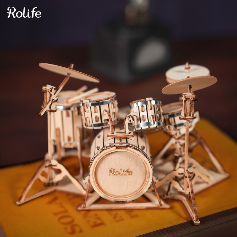 Rolife TG409 Bateri Seti Müzik Aleti (Drum Kit) DIY Minyatür Maket Model Seti Ahşap 3D Wooden Puzzle 3D Model Kit Detaylı Dekoratif Hobi Seti Ahşap Maket