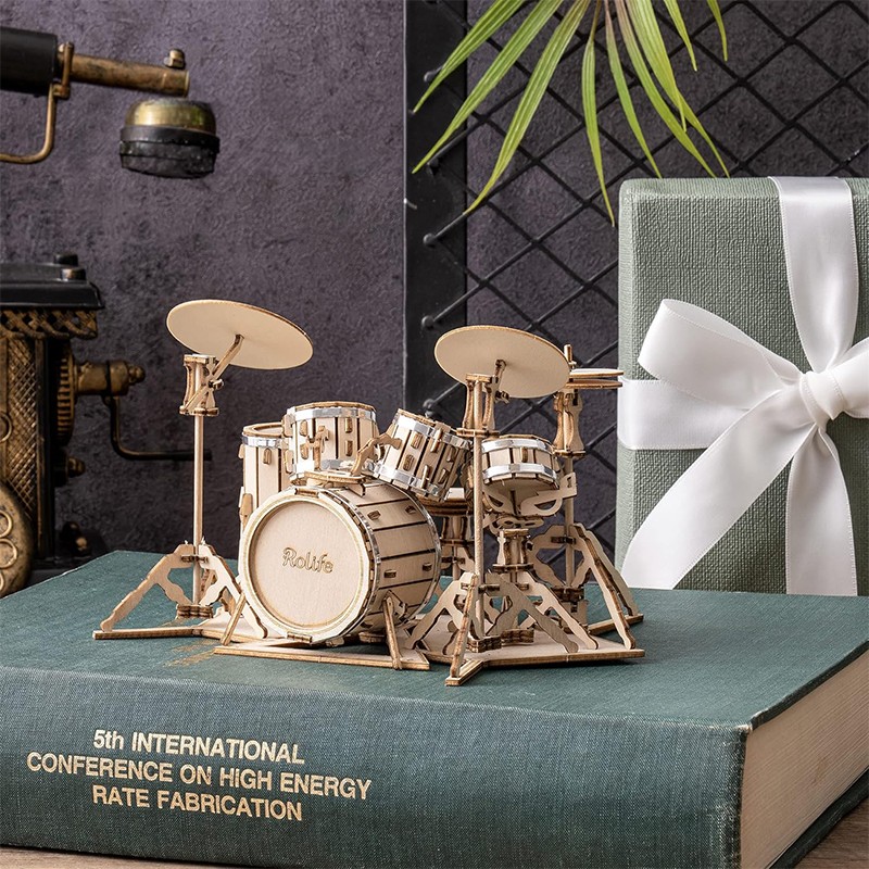 Rolife TG409 Bateri Seti Müzik Aleti (Drum Kit) DIY Minyatür Maket Model Seti Ahşap 3D Wooden Puzzle 3D Model Kit Detaylı Dekoratif Hobi Seti Ahşap Maket