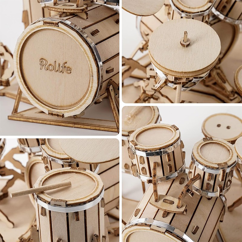Rolife TG409 Bateri Seti Müzik Aleti (Drum Kit) DIY Minyatür Maket Model Seti Ahşap 3D Wooden Puzzle 3D Model Kit Detaylı Dekoratif Hobi Seti Ahşap Maket