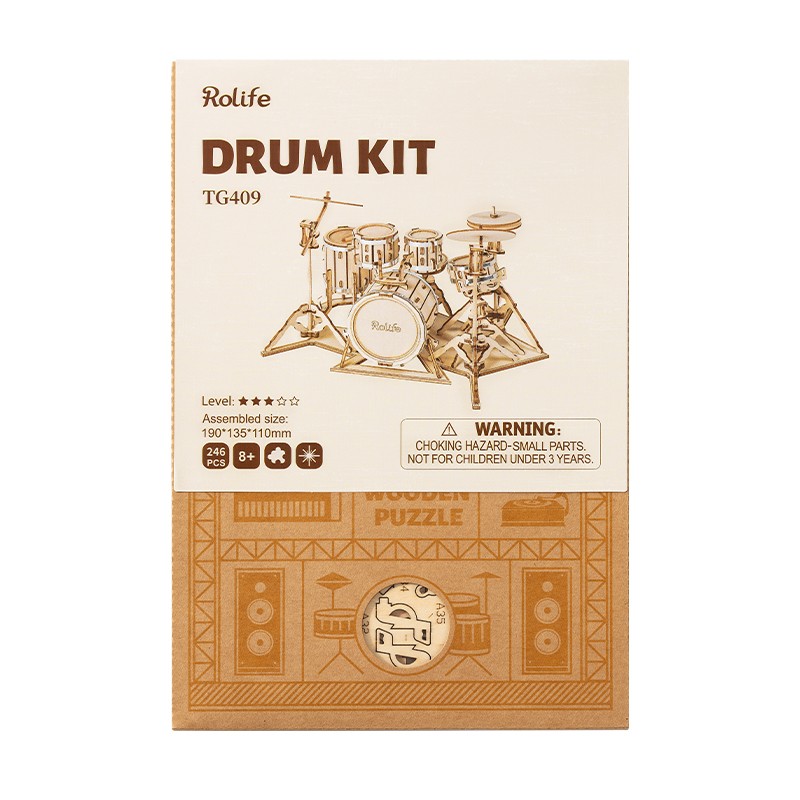 Rolife TG409 Bateri Seti Müzik Aleti (Drum Kit) DIY Minyatür Maket Model Seti Ahşap 3D Wooden Puzzle 3D Model Kit Detaylı Dekoratif Hobi Seti Ahşap Maket