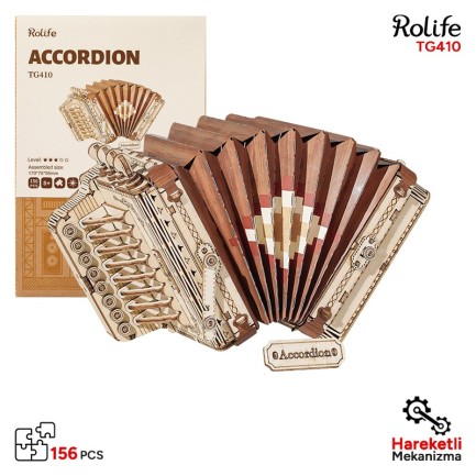 Rolife - Rolife TG410 Akordeon Müzik Aleti (Accordion) DIY Minyatür Maket Model Seti Ahşap 3D Wooden Puzzle 3D Model Kit Detaylı Dekoratif Hobi Seti Ahşap Maket