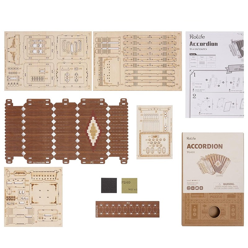 Rolife TG410 Akordeon Müzik Aleti (Accordion) DIY Minyatür Maket Model Seti Ahşap 3D Wooden Puzzle 3D Model Kit Detaylı Dekoratif Hobi Seti Ahşap Maket