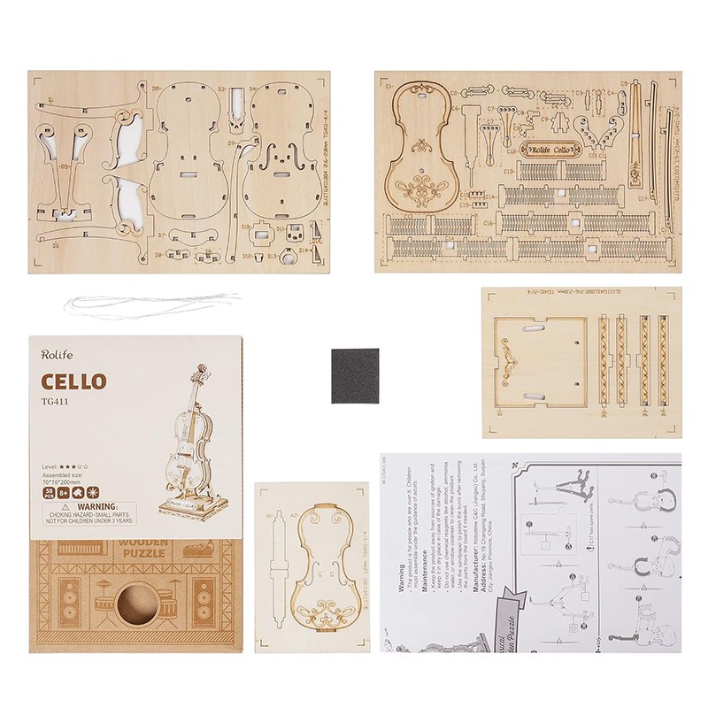 Rolife TG411 Çello Müzik Aleti (Cello) DIY Minyatür Maket Model Seti Ahşap 3D Wooden Puzzle 3D Model Kit Detaylı Dekoratif Hobi Seti Ahşap Maket