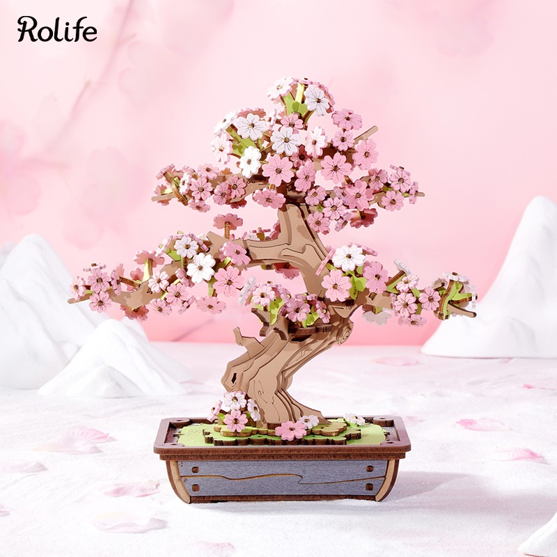 Rolife TG415 Saksıda Ağaç (Sakura Bonsai) DIY Minyatür Maket Model Seti Ahşap 3D Wooden Puzzle 3D Model Kit Detaylı Dekoratif Hobi Seti Ahşap Maket