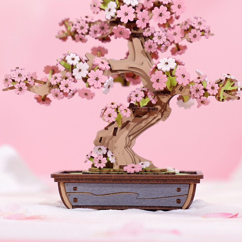 Rolife TG415 Saksıda Ağaç (Sakura Bonsai) DIY Minyatür Maket Model Seti Ahşap 3D Wooden Puzzle 3D Model Kit Detaylı Dekoratif Hobi Seti Ahşap Maket