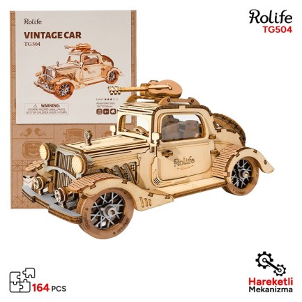 Rolife - Rolife TG504 Nostaljik Araba (Vintage Car) DIY Minyatür Maket Model Seti Ahşap 3D Wooden Puzzle 3D Model Kit Detaylı Dekoratif Hobi Seti Ahşap Maket
