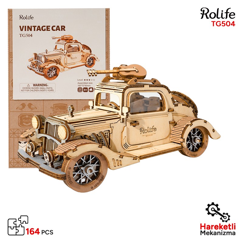 Rolife TG504 Nostaljik Araba (Vintage Car) DIY Minyatür Maket Model Seti Ahşap 3D Wooden Puzzle 3D Model Kit Detaylı Dekoratif Hobi Seti Ahşap Maket