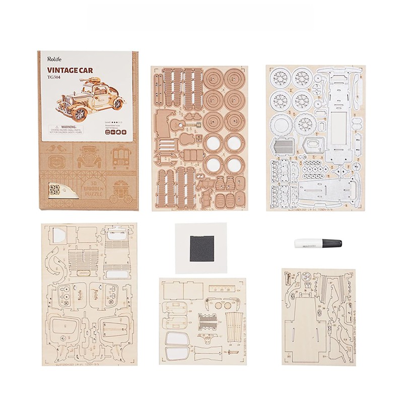 Rolife TG504 Nostaljik Araba (Vintage Car) DIY Minyatür Maket Model Seti Ahşap 3D Wooden Puzzle 3D Model Kit Detaylı Dekoratif Hobi Seti Ahşap Maket