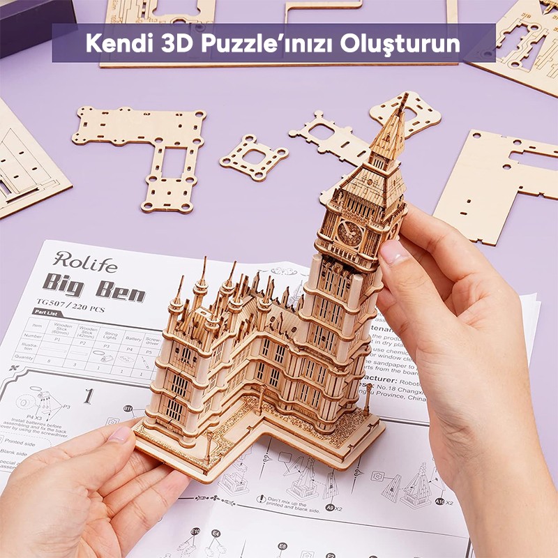 Rolife TG507 Saat Kulesi (Big Ben) DIY Minyatür Maket Model Seti Ahşap 3D Wooden Puzzle 3D Model Kit Detaylı Dekoratif Hobi Seti Ahşap Maket