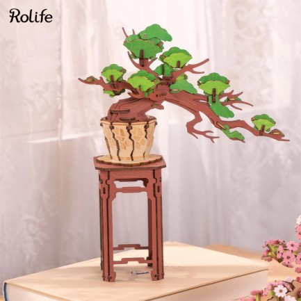 Rolife - Rolife TG510 Saksıda Ağaç Evergreen Pine Bonsai DIY Minyatür Maket Model Seti Ahşap 3D Wooden Puzzle 3D Model Kit Detaylı Dekoratif Hobi Seti Ahşap Maket