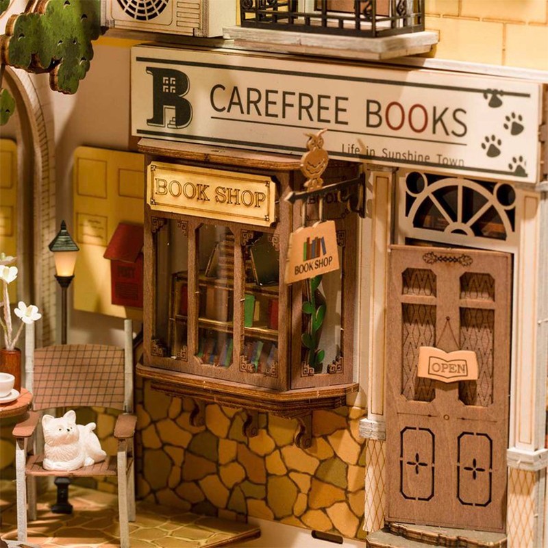 Rolife TGB02 Sunshine Town Kasaba Kitap Köşesi Book Nook DIY Minyatür Maket Model Seti Mini Dollhouse 3D Model Kit Detaylı Dekoratif Hobi Set 3D Puzzle Tiny House