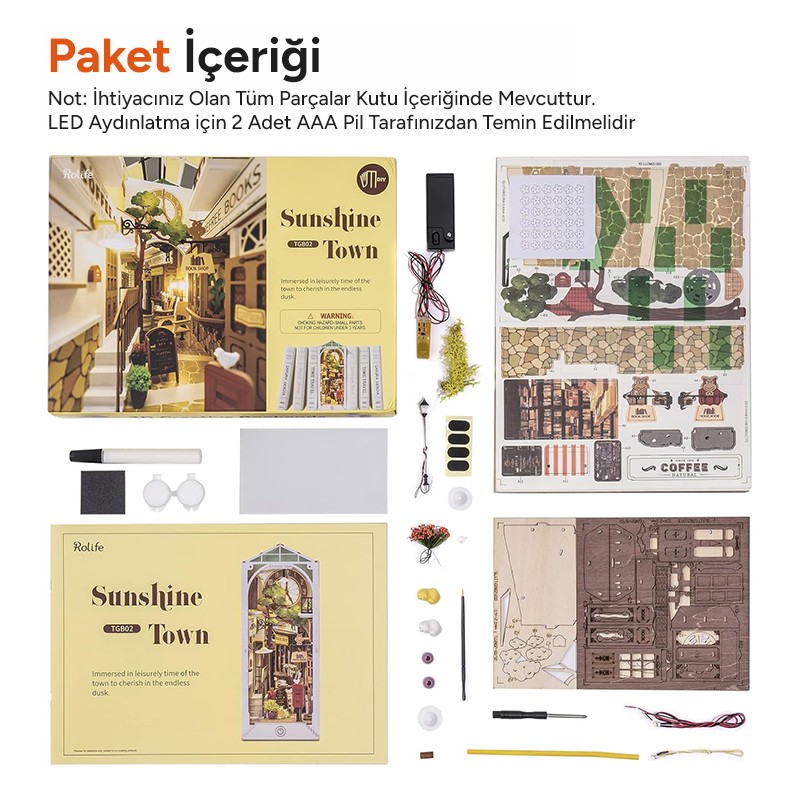 Rolife TGB02 Sunshine Town Kasaba Kitap Köşesi Book Nook DIY Minyatür Maket Model Seti Mini Dollhouse 3D Model Kit Detaylı Dekoratif Hobi Set 3D Puzzle Tiny House