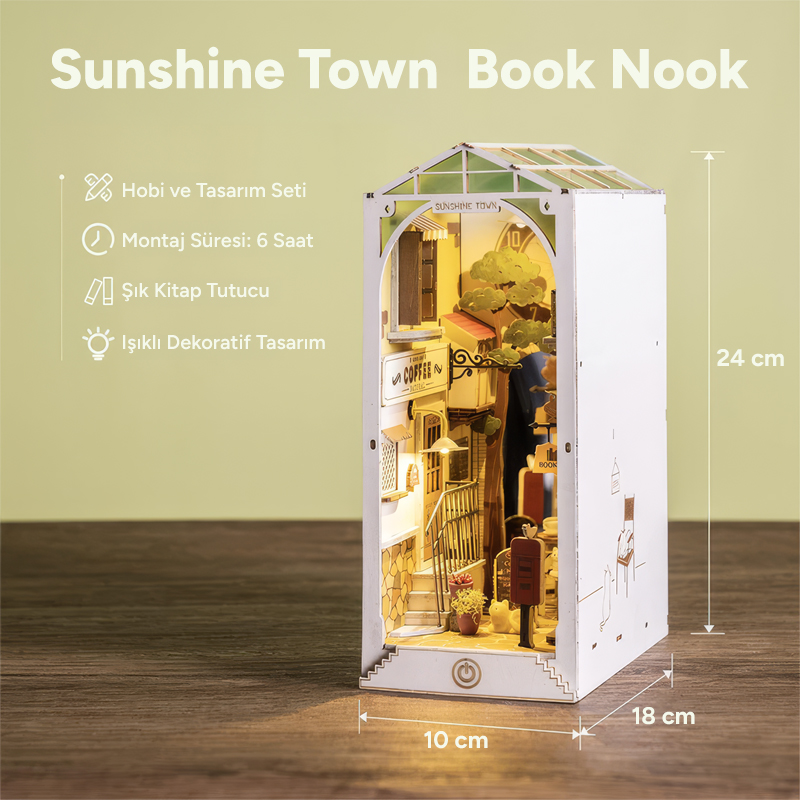 Rolife TGB02 Sunshine Town Kasaba Kitap Köşesi Book Nook DIY Minyatür Maket Model Seti Mini Dollhouse 3D Model Kit Detaylı Dekoratif Hobi Set 3D Puzzle Tiny House