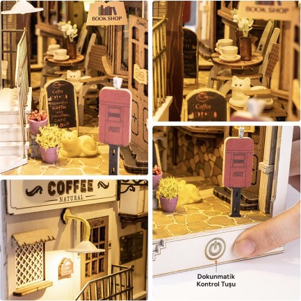 Rolife TGB02 Sunshine Town Kasaba Kitap Köşesi Book Nook DIY Minyatür Maket Model Seti Mini Dollhouse 3D Model Kit Detaylı Dekoratif Hobi Set 3D Puzzle Tiny House - Thumbnail