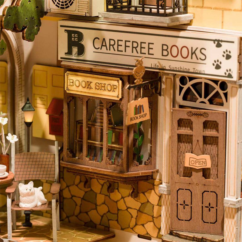Rolife TGB02 Sunshine Town Kasaba Kitap Köşesi Book Nook DIY Minyatür Maket Model Seti Mini Dollhouse 3D Model Kit Detaylı Dekoratif Hobi Set 3D Puzzle Tiny House