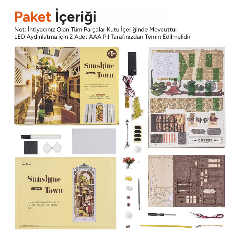 Rolife TGB02 Sunshine Town Kasaba Kitap Köşesi Book Nook DIY Minyatür Maket Model Seti Mini Dollhouse 3D Model Kit Detaylı Dekoratif Hobi Set 3D Puzzle Tiny House