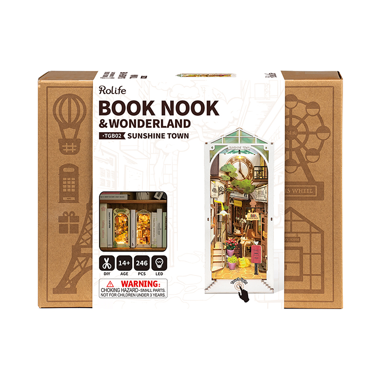 Rolife TGB02 Sunshine Town Kasaba Kitap Köşesi Book Nook DIY Minyatür Maket Model Seti Mini Dollhouse 3D Model Kit Detaylı Dekoratif Hobi Set 3D Puzzle Tiny House