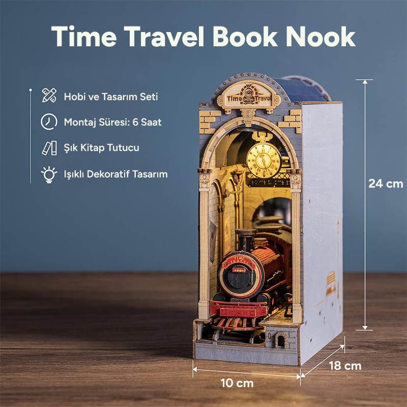 Rolife TGB04 Time Travel Kitap Köşesi Book Nook DIY Minyatür Maket Model Seti Mini Dollhouse 3D Model Kit Detaylı Dekoratif Hobi Seti 3D Puzzle Tiny House